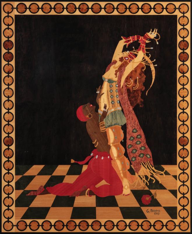 AN EXOTIC INLAID WOOD PANEL AFTER GEORGE BARBIER