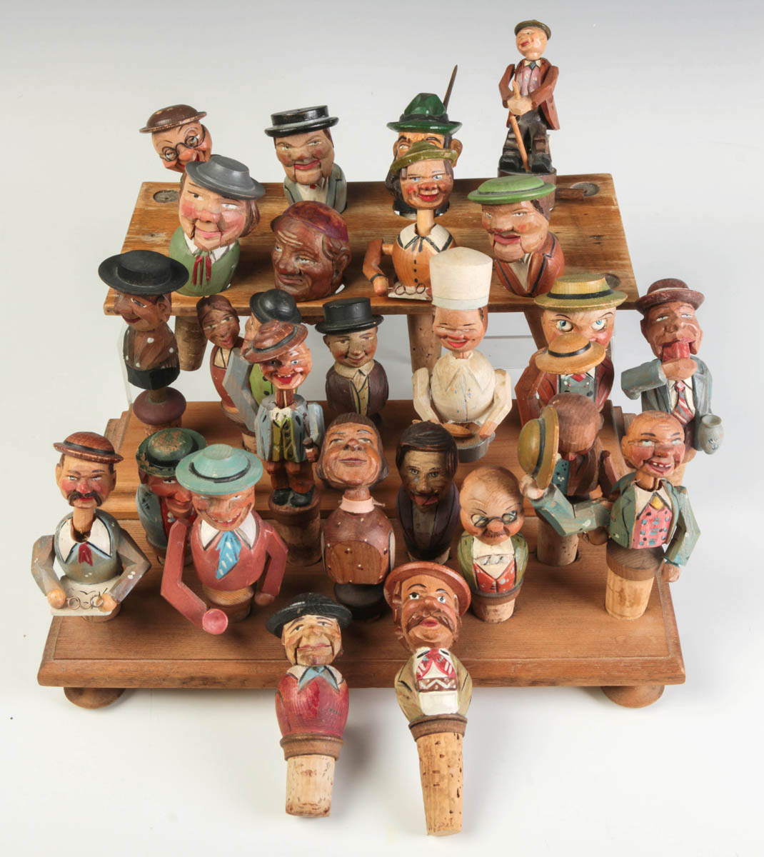 COLLECTION 25 GERMAN CARVED WOOD BOTTLE STOPPERS