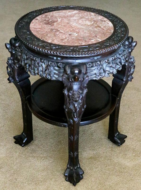 A 19TH C. CHINESE CARVED ROSEWOOD TABLE W/ MARBLE