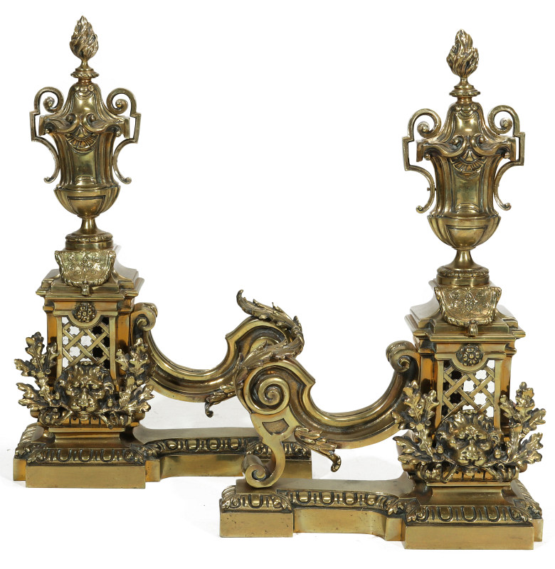 A PAIR FINE LARGE URN AND FLAME FIREPLACE CHENETS