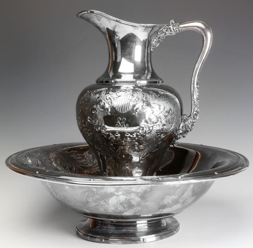 A LARGE AND UNUSUAL SILVER PLATE BOWL AND PITCHER