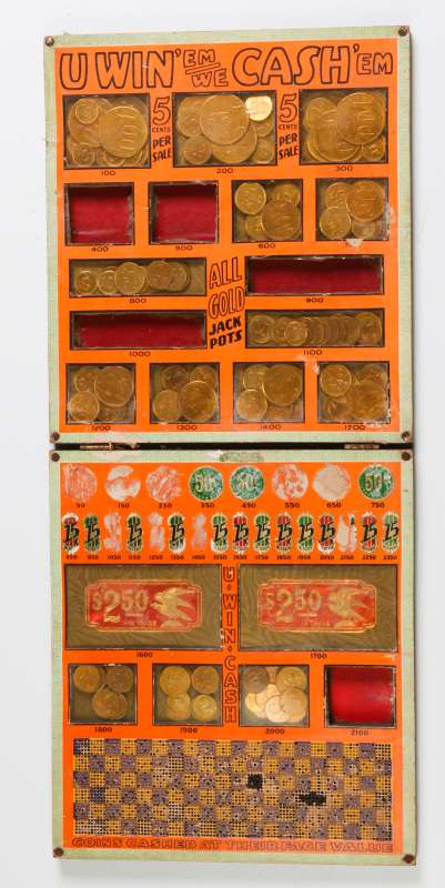 UNUSUAL LARGE FOLDING VINTAGE PUNCH BOARD W/TOKENS