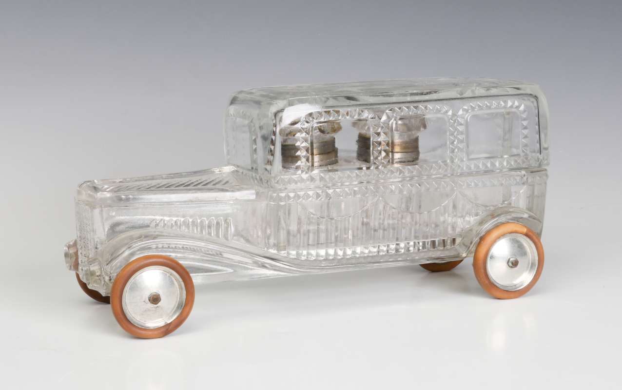 EARLY 1900s AUTOMOBILE FORM CUT CRYSTAL INK STAND