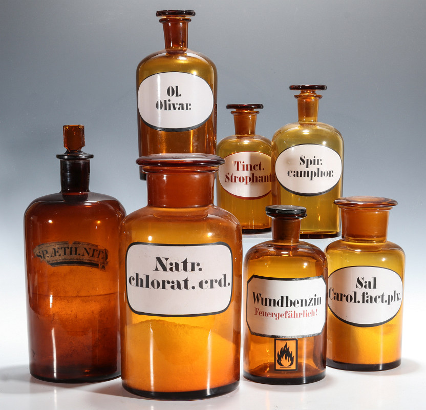 VARIOUS 19TH C. HAND PAINTED APOTHECARY BOTTLES