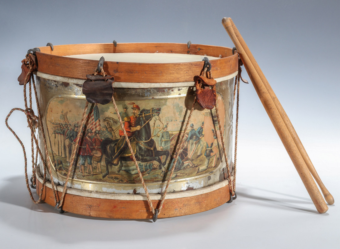 A 19TH C. AMERICAN DRUM WITH CHROMOLITHO BATTLE