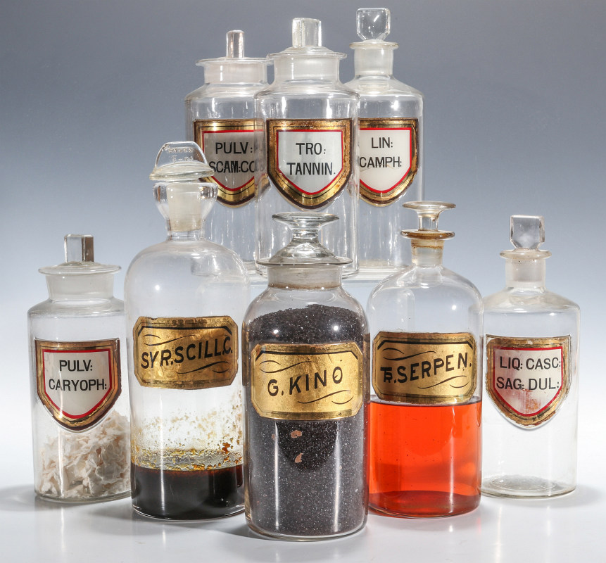 GOOD 19TH C. LABEL-UNDER-GLASS APOTHECARY JARS