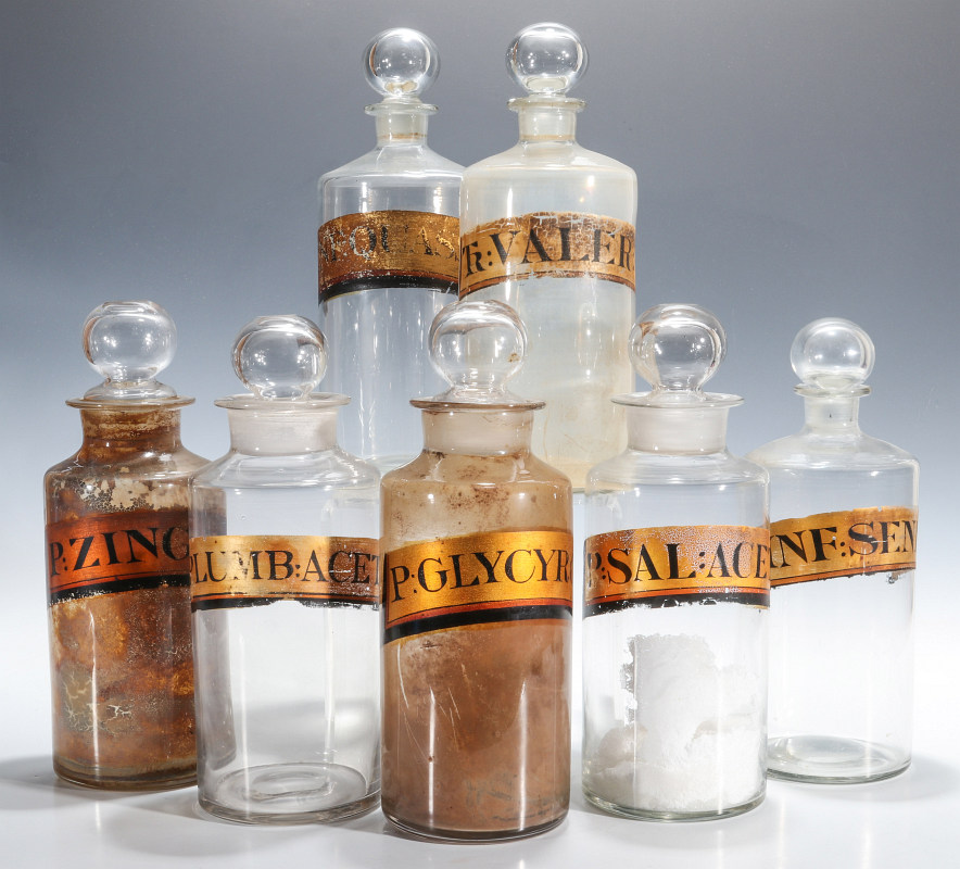 EARLY BLOWN GLASS PAINTED LABEL APOTHECARY BOTTLES