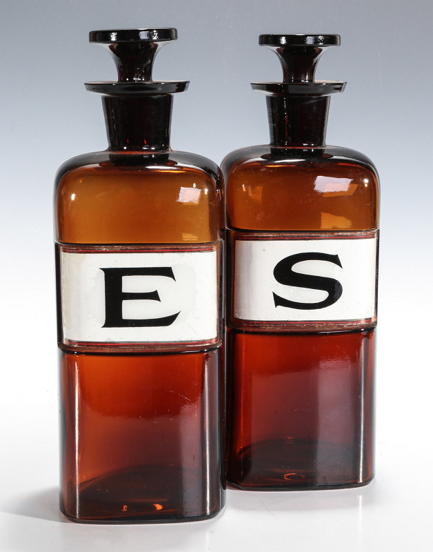AMBER APOTHECARY BOTTLES WITH INTERESTING LABELS
