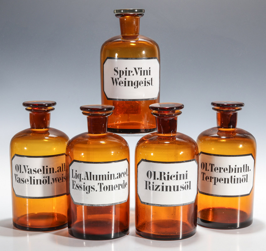 HAND PAINTED 19TH C. AMBER APOTHECARY BOTTLES
