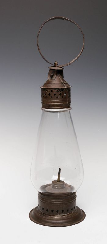 A TALL 19TH CENTURY TIN AND GLASS SKATER'S LANTERN