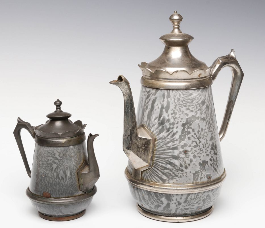PEWTER TRIM GRAY GRANITE COFFEE POTS IN TWO SIZES