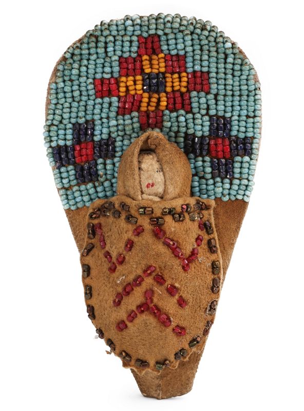 A CIRCA 1900 NATIVE AMERICAN BEADED DOLL CRADLE TOY