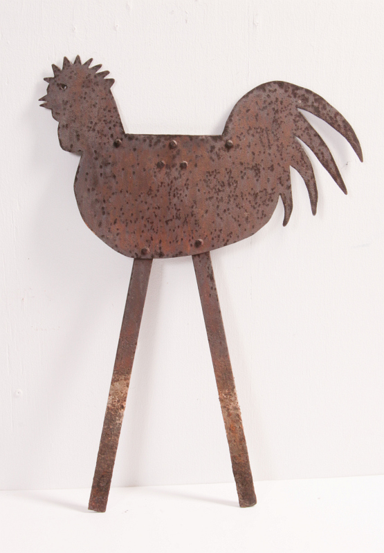 A VINTAGE SHEET IRON ROOSTER FORM BOOT SCRAPER