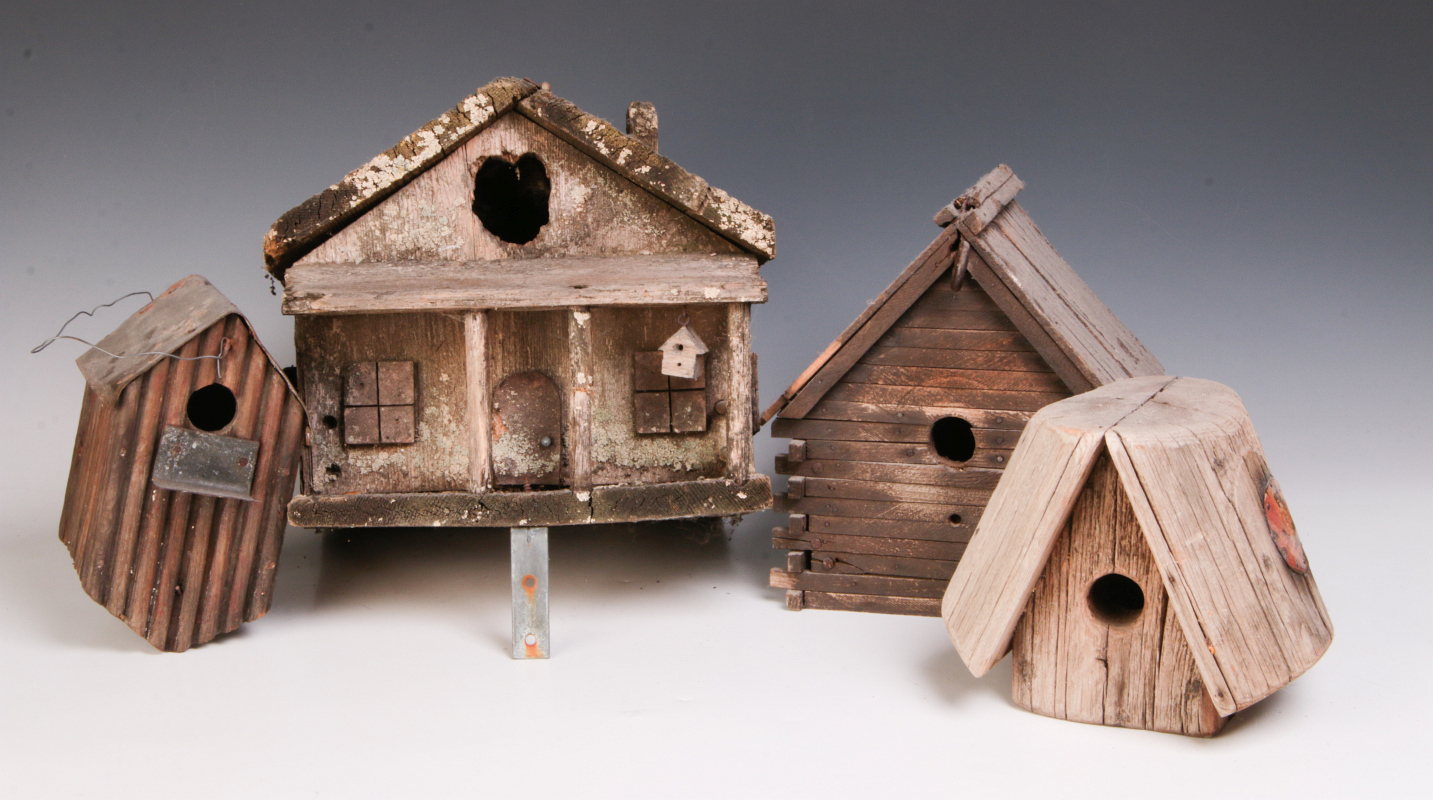 FOUR PRIMITIVE, ORIGINAL VINTAGE WOOD BIRD HOUSES