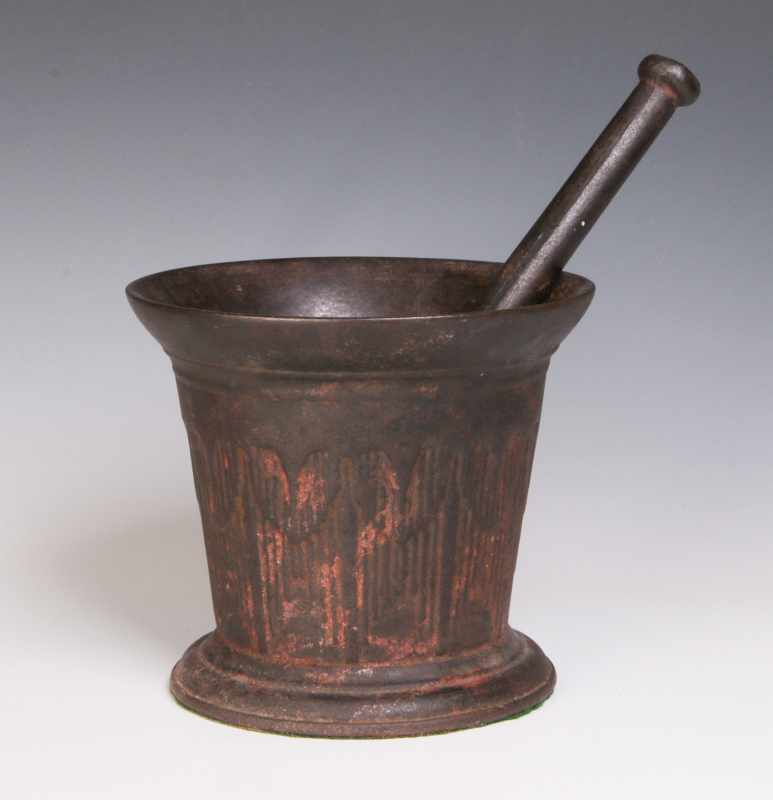 AN UNUSUAL 19TH C. CAST IRON MORTAR AND PESTLE