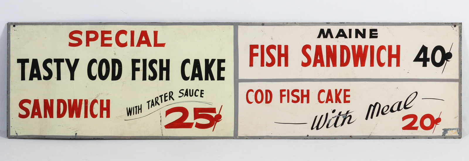 A PAINTED METAL MENU SIGN WITH 25Â¢ FISH SANDWICH