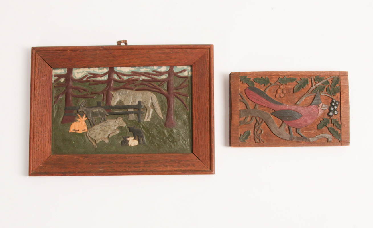 TWO FOLK ART CARVED WOOD BAS RELIEF PLAQUES