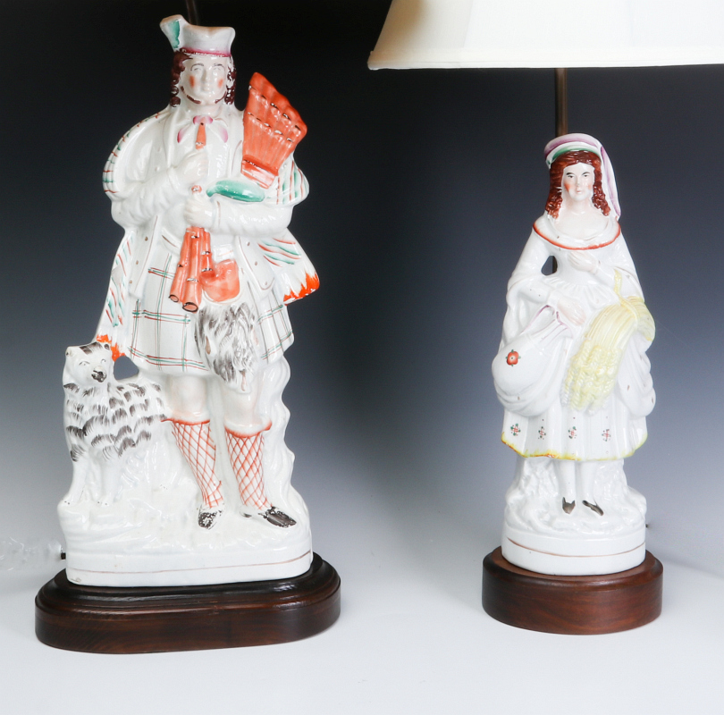 TWO 19TH CENT STAFFORDSHIRE FIGURES AS TABLE LAMPS