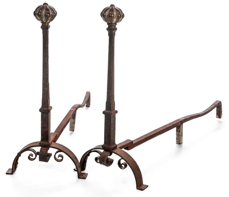PAIR OF FORGED IRON FIREPLACE ANDIRONS WITH BRONZE