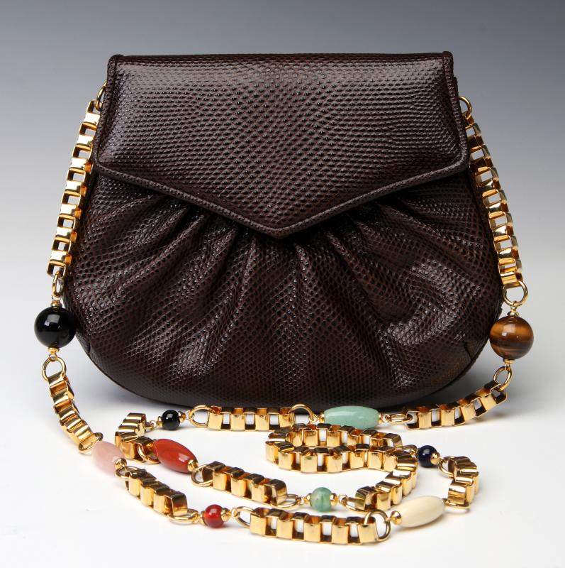 A JUDITH LEIBER LIZARD BAG W/ SEMI-PRECIOUS STONES