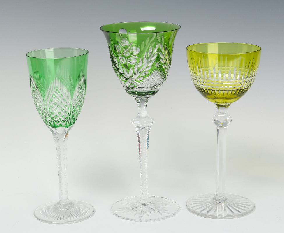 THREE GREEN CUT TO CLEAR WINE GOBLETS