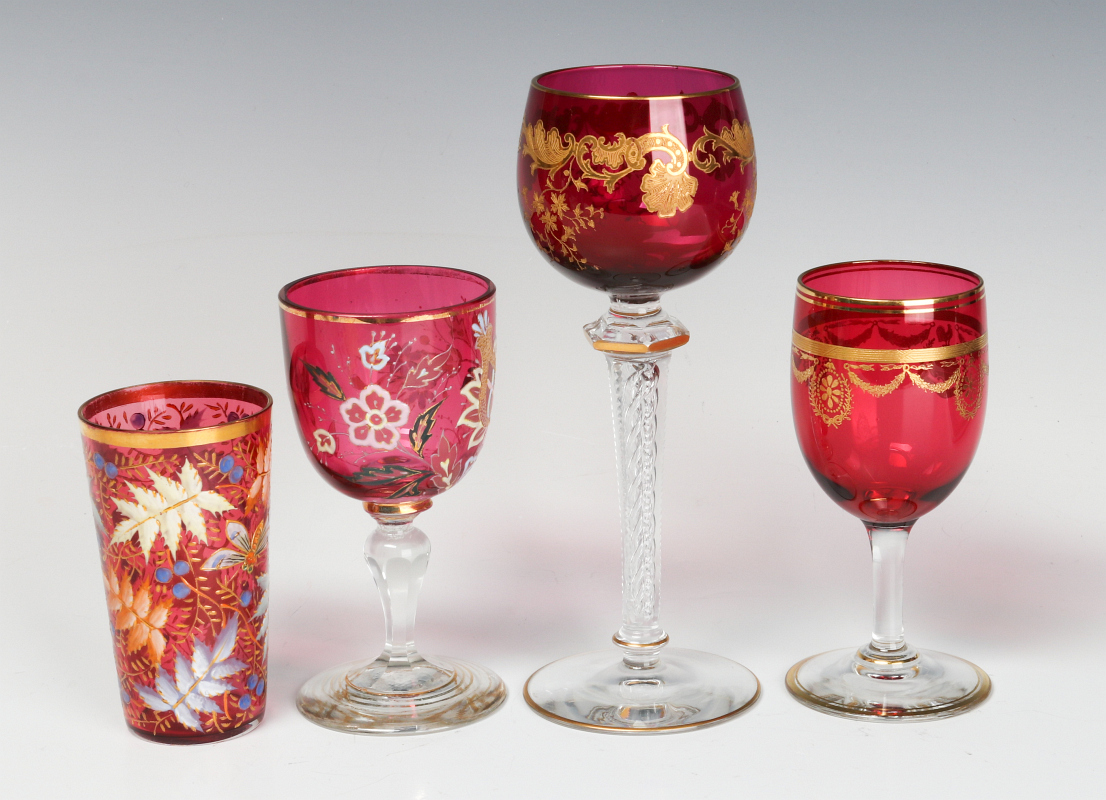 ENAMELED CRANBERRY GLASS WINES INCLUDING AIR TWIST