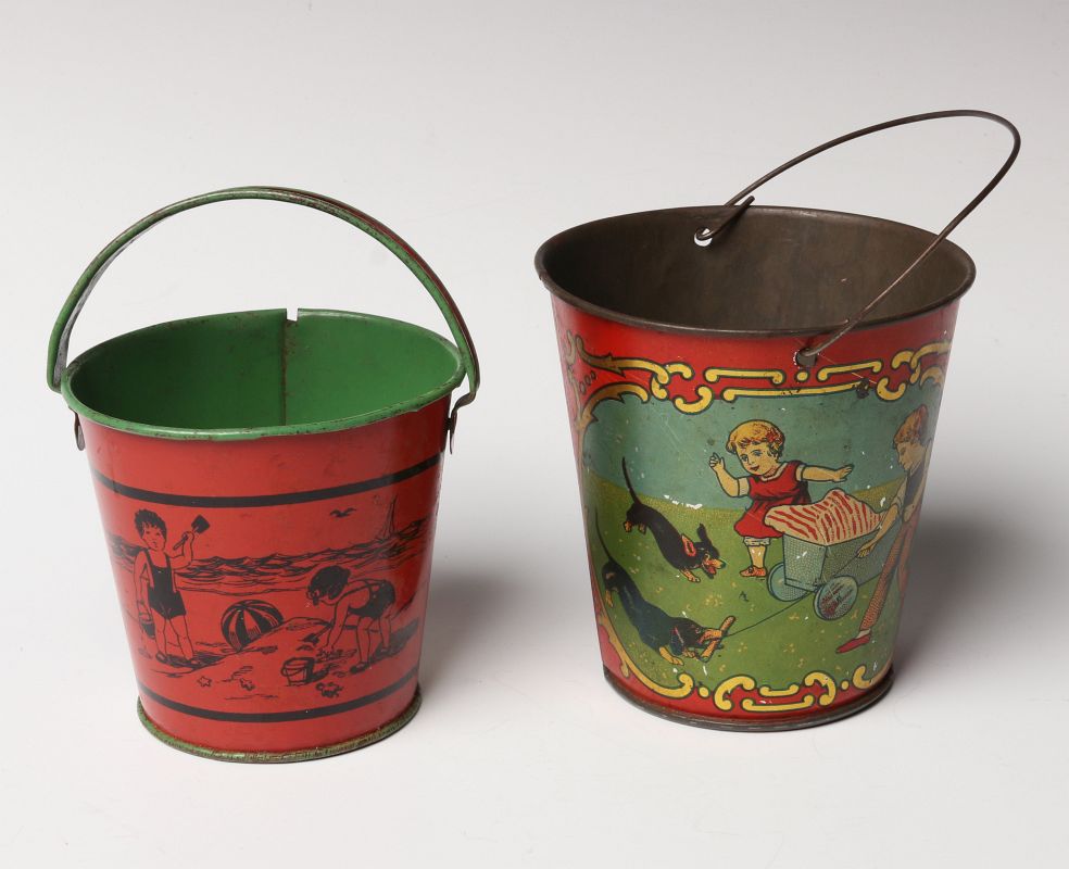 TWO NICE VICTORIAN TIN LITHO SAND PAILS C. 1900