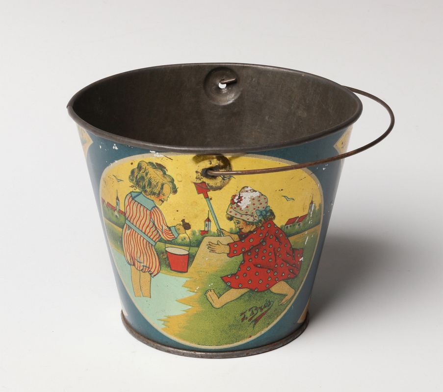 A VICTORIAN TIN LITHO SAND PAIL SIGNED T. BROS