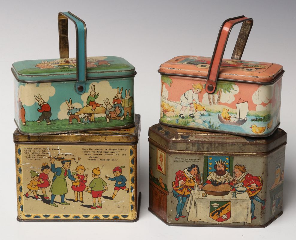 TIN LITHO LUNCH PAILS AND BISCUIT TINS