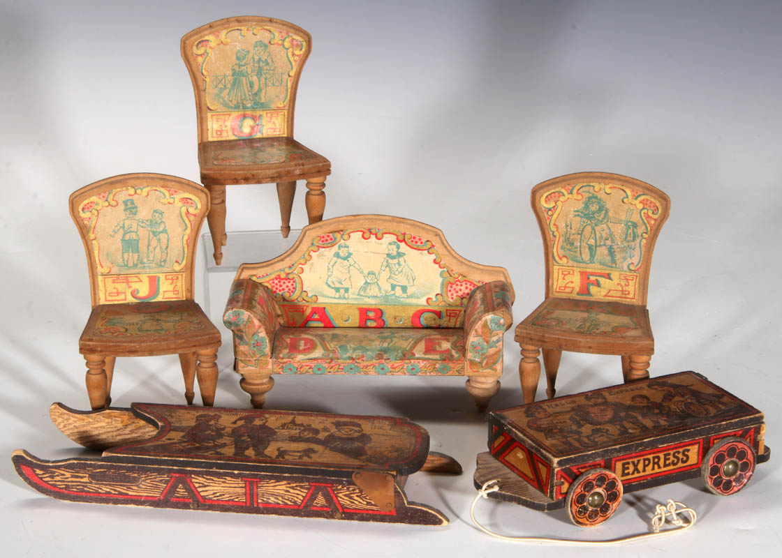 A COLLECTION OF ANTIQUE LITHO ON WOOD TOYS