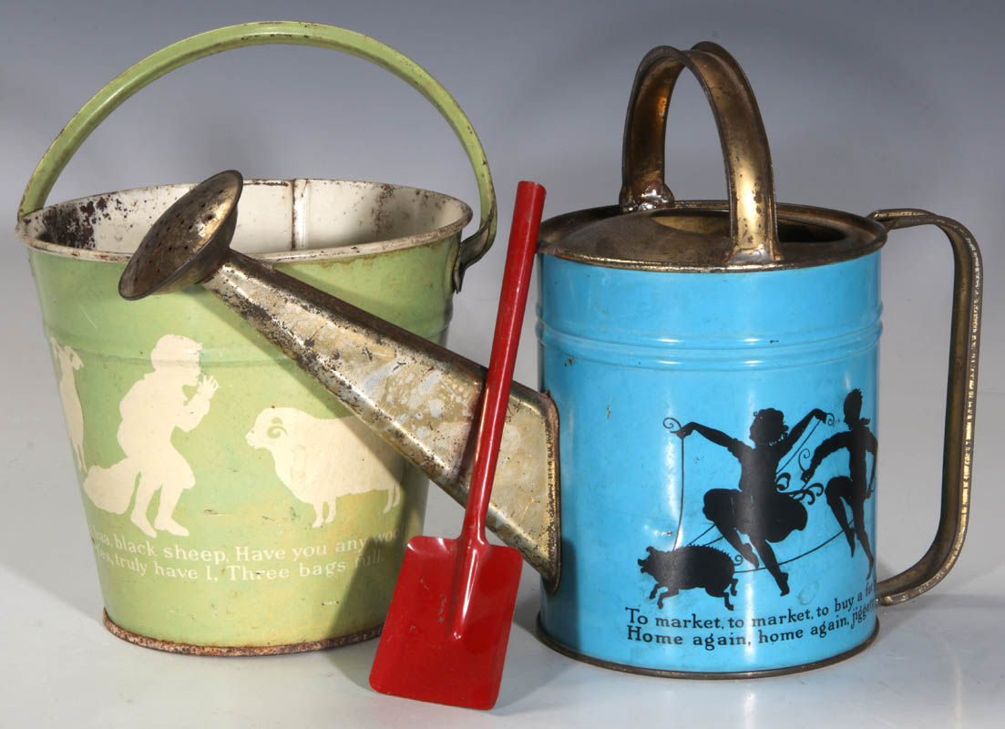 ANTIQUE TIN LITHO SAND PAIL AND WATERING CAN