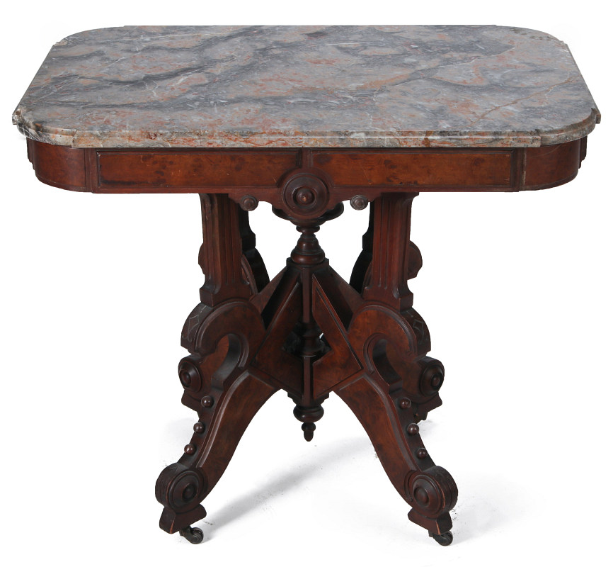 AN ORNATE VICTORIAN WALNUT PARLOR TABLE W/ MARBLE