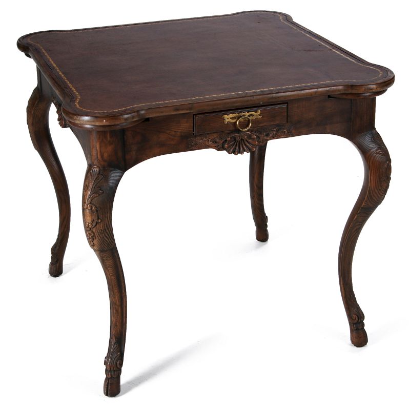 A NICE BAKER COUNTRY FRENCH CARD TABLE W/ LEATHER