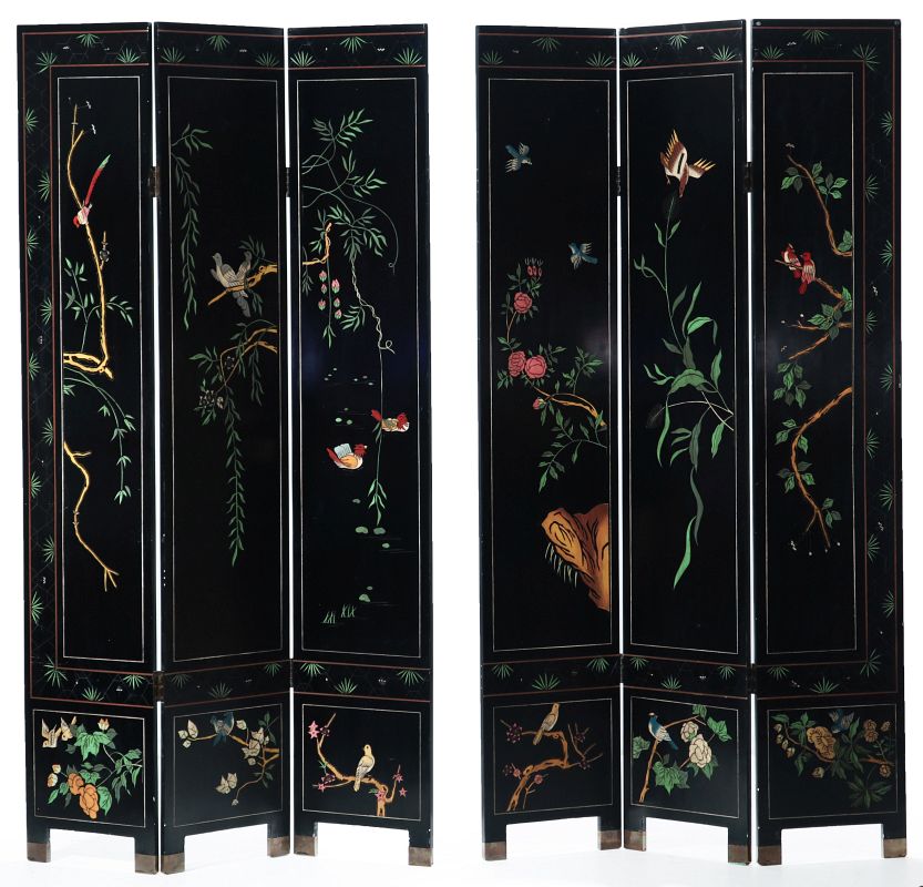 A SIX PANEL ASIAN LACQUERED SCREEN DIVIDED IN TWO