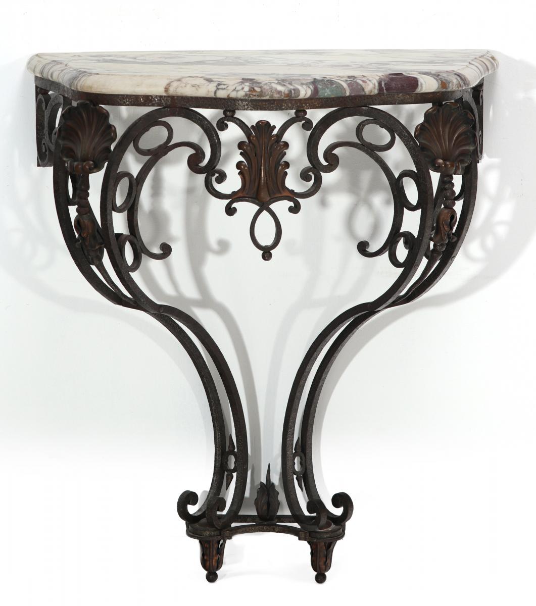 MARBLE TOP IRON CONSOLE CIRCA EARLY 20TH CENTURY
