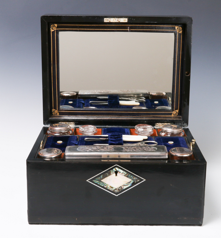 A VICTORIAN VANITY SET IN SHELL INLAID BOX