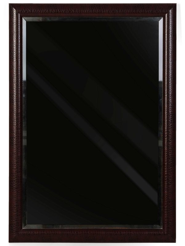 A FAUX LEATHER FRAME MIRROR FOR SUPERLATIVES