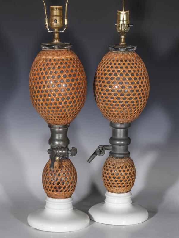 A PAIR EARLY 20TH C. FRENCH SODA BOTTLES AS LAMPS