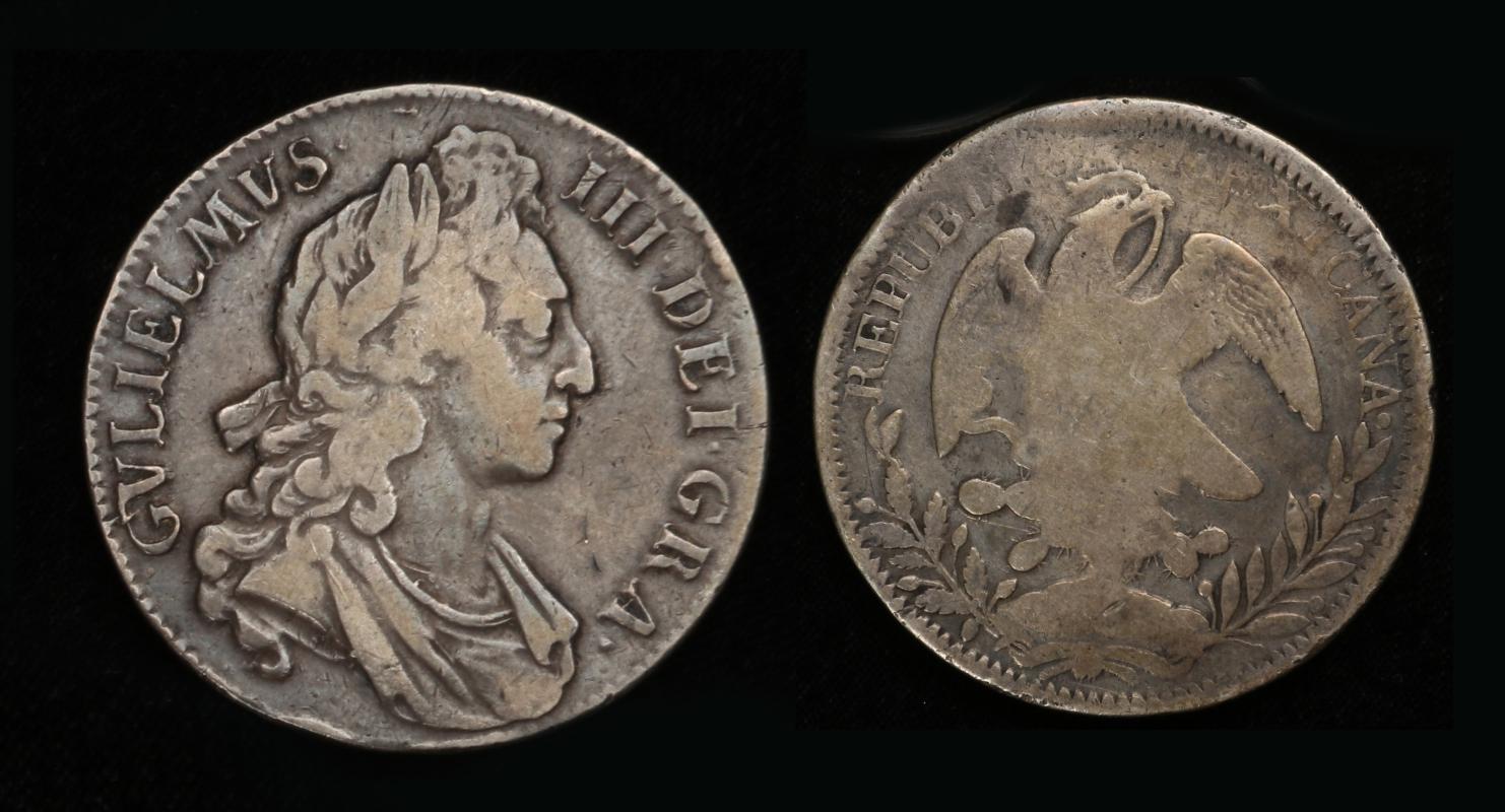 A 1695 BRITISH SIXPENCE & A 19TH C. MEXICAN REALES
