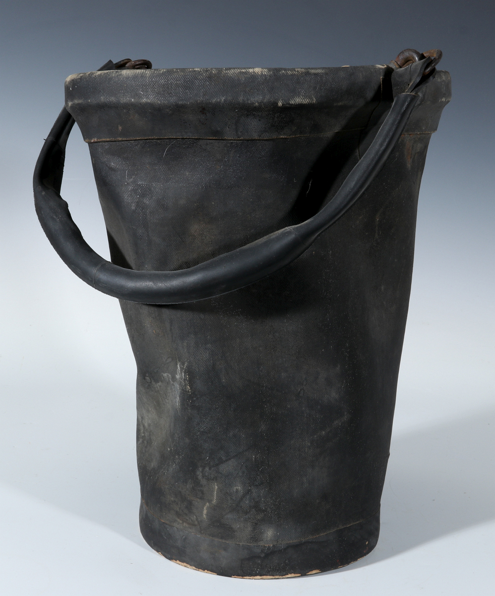AN ANTIQUE PAINTED CANVAS FIRE BUCKET