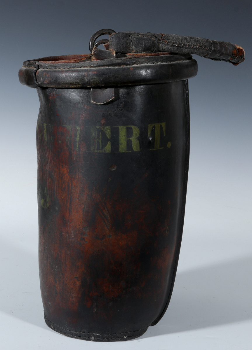 A 19TH C. LEATHER FIRE BUCKET WITH PAINTED LETTERING