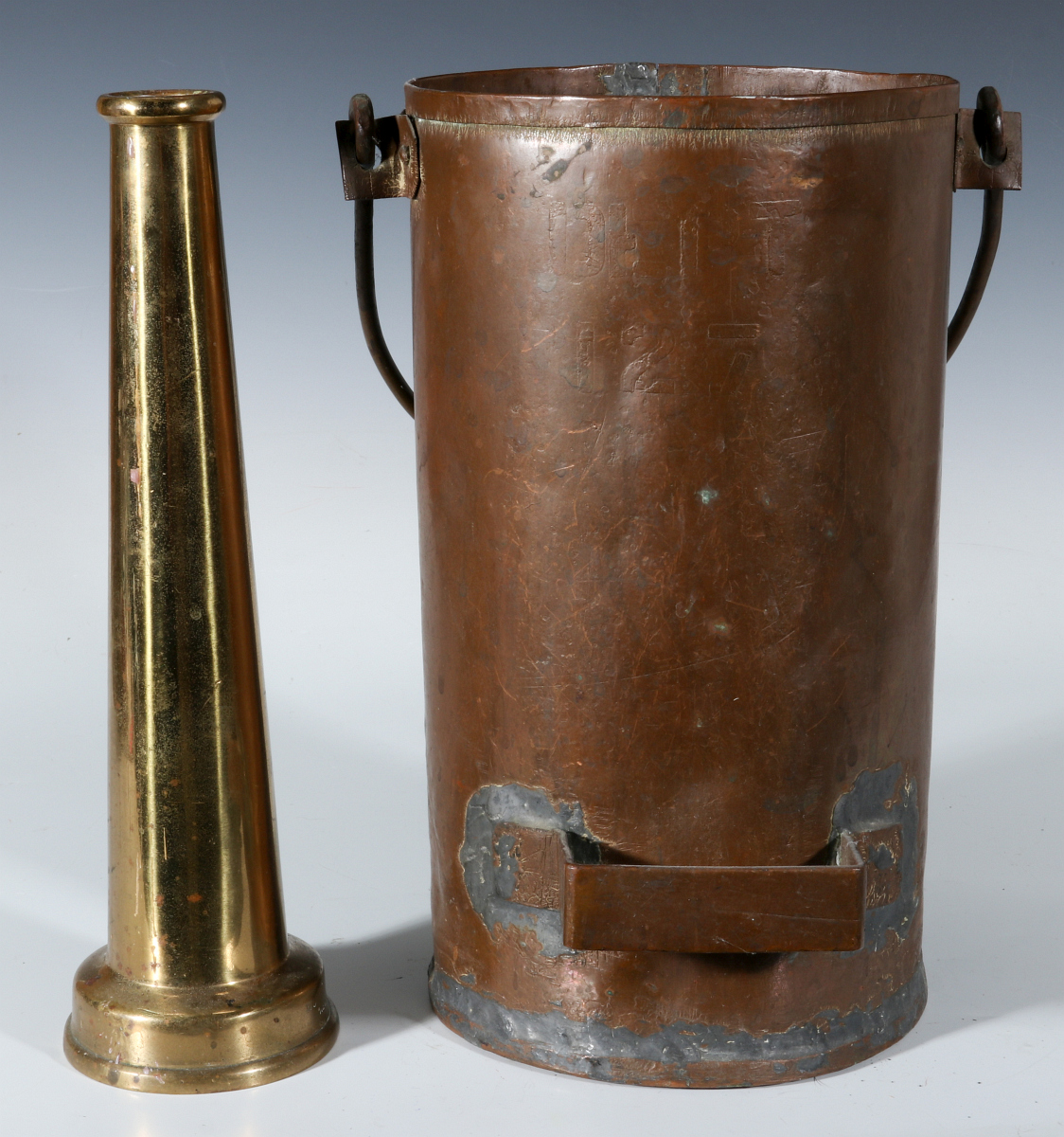 ANTIQUE BRASS NOZZLE AND COPPER BUCKET