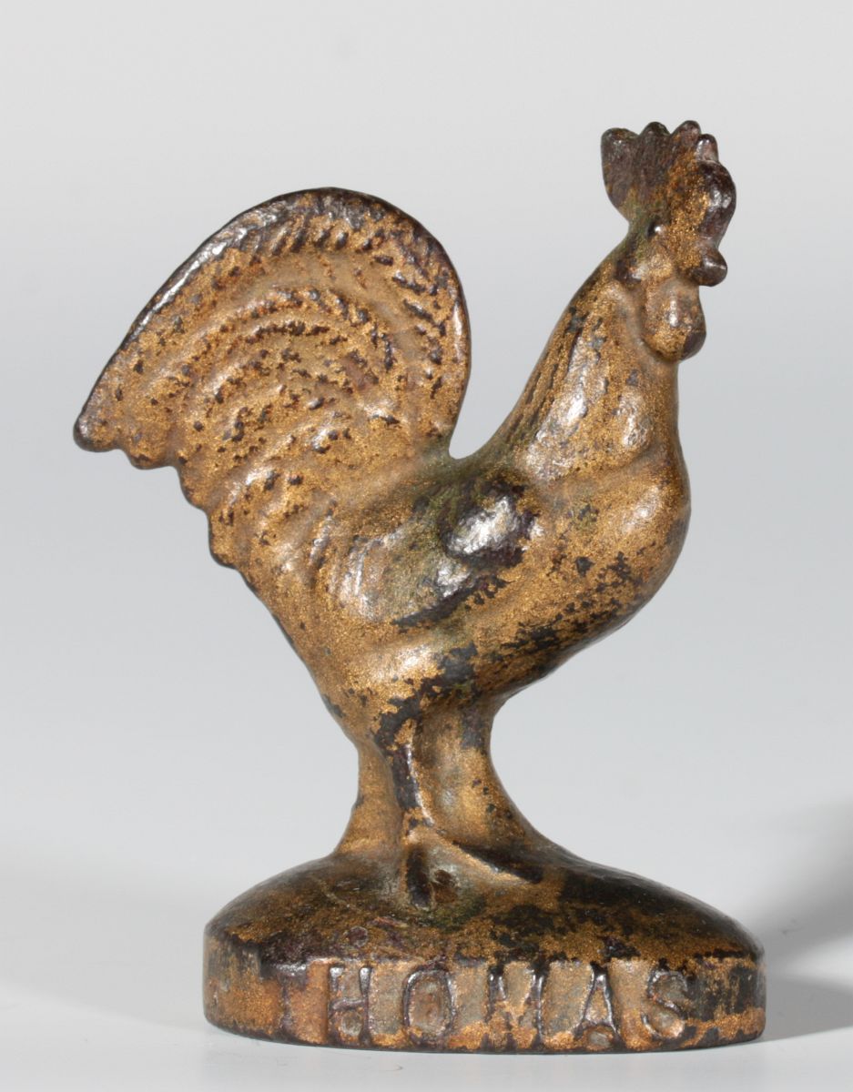 A THOMAS DRILLS FIGURAL ROOSTER ADVTG PAPERWEIGHT