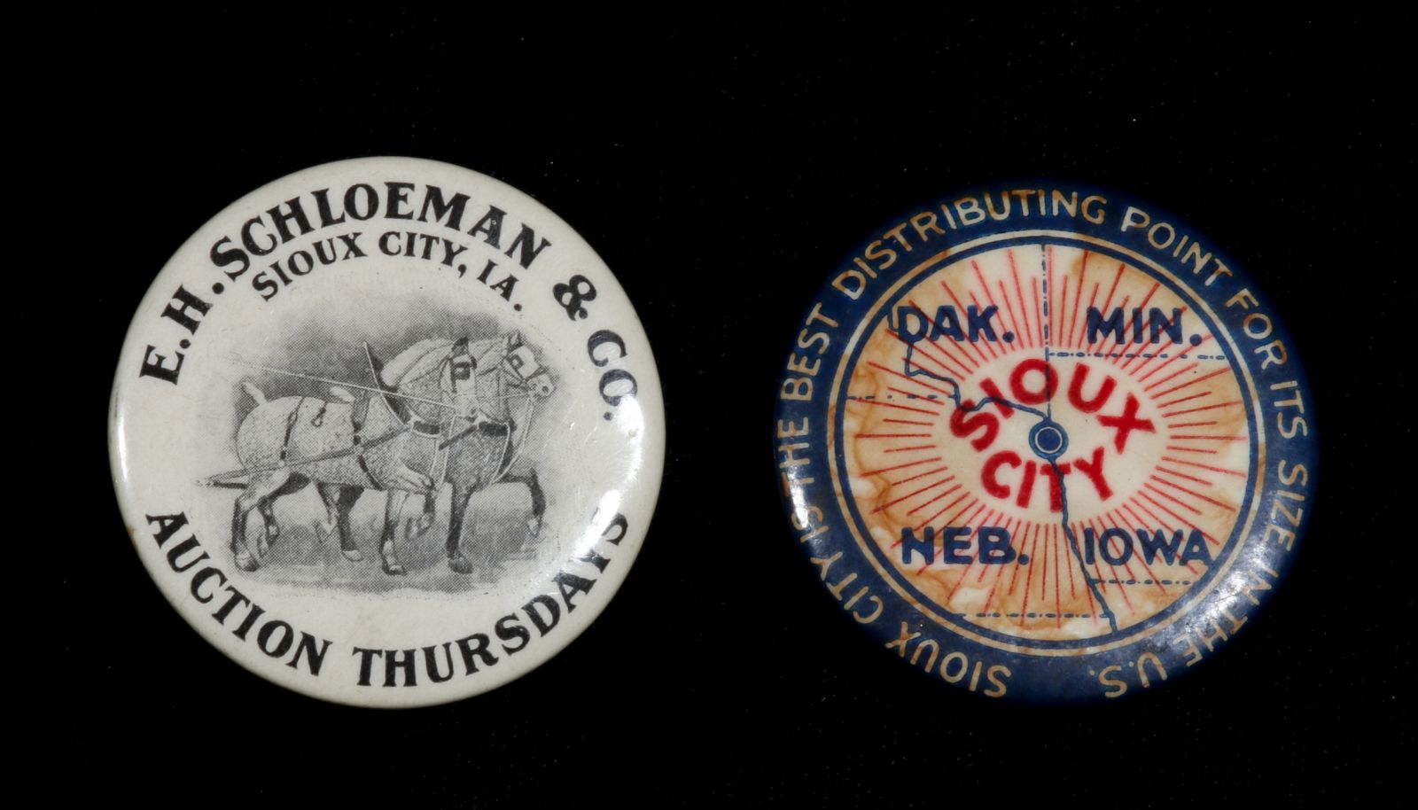 SIOUX CITY LIVESTOCK ADVERTISING BUTTONS C. 1900
