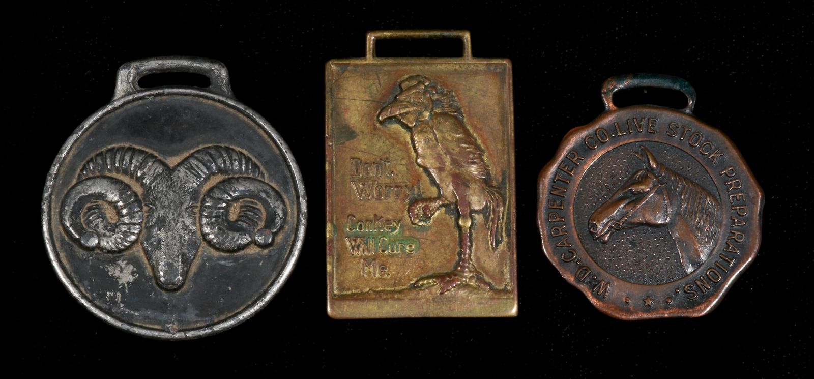THREE VETERINARY RELATED ADVERTISING WATCH FOBS