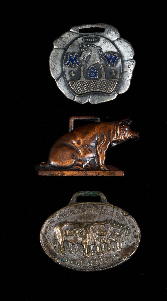 THREE LIVESTOCK RELATED ADVERTISING WATCH FOBS