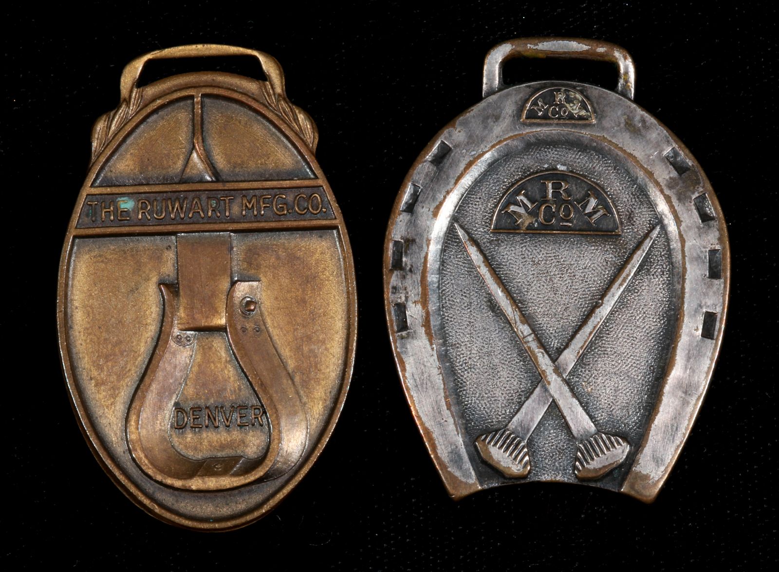 SADDLE AND HORSE SHOE NAIL ADVERTISING WATCH FOBS