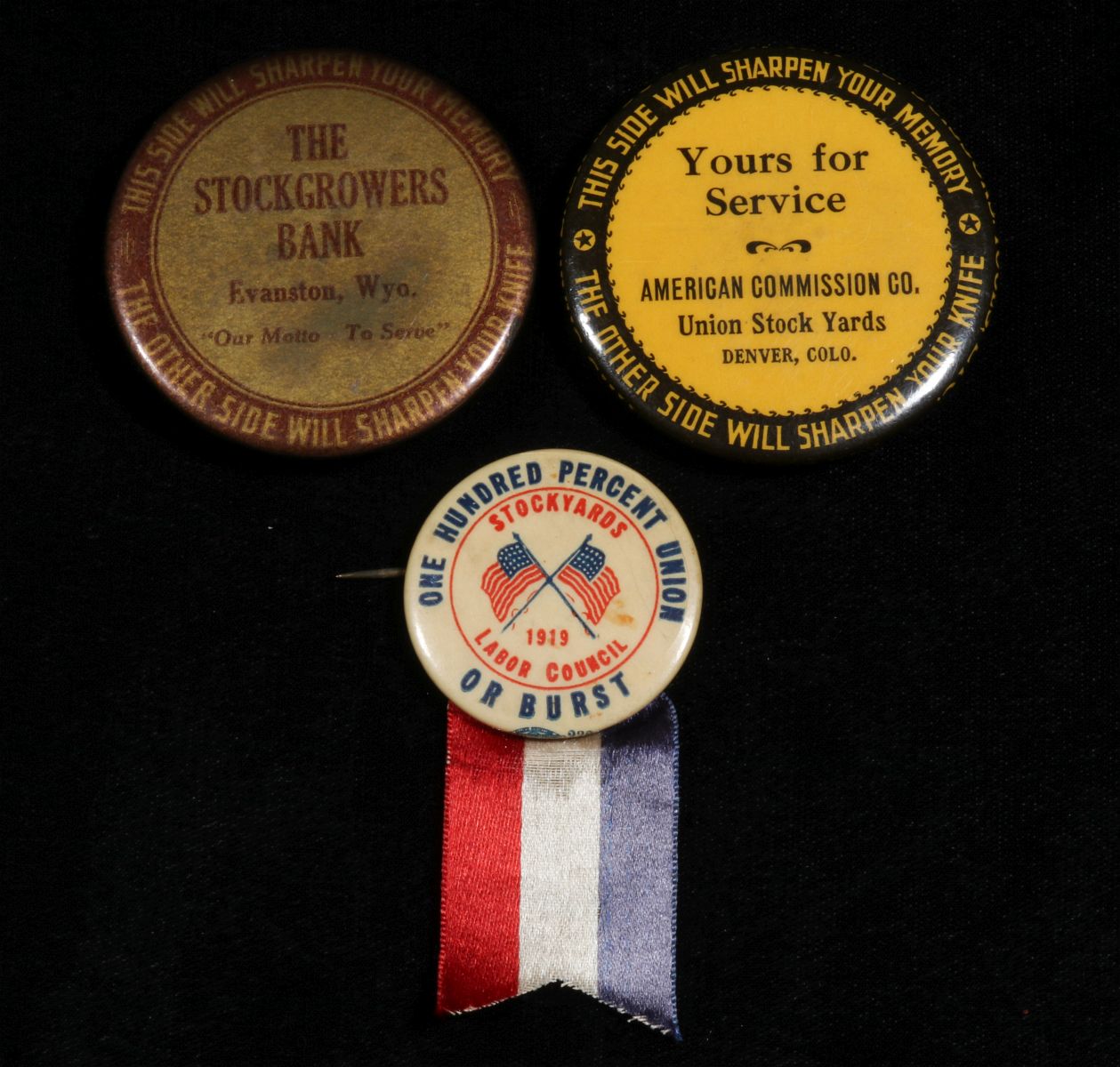 THREE VINTAGE PIN BACK ADVERTISING BUTTONS