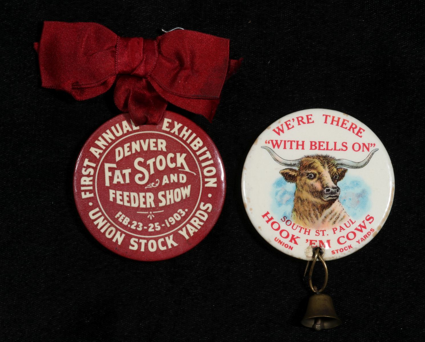 TWO GOOD LIVESTOCK CELLULOID ADVERTISING BUTTONS