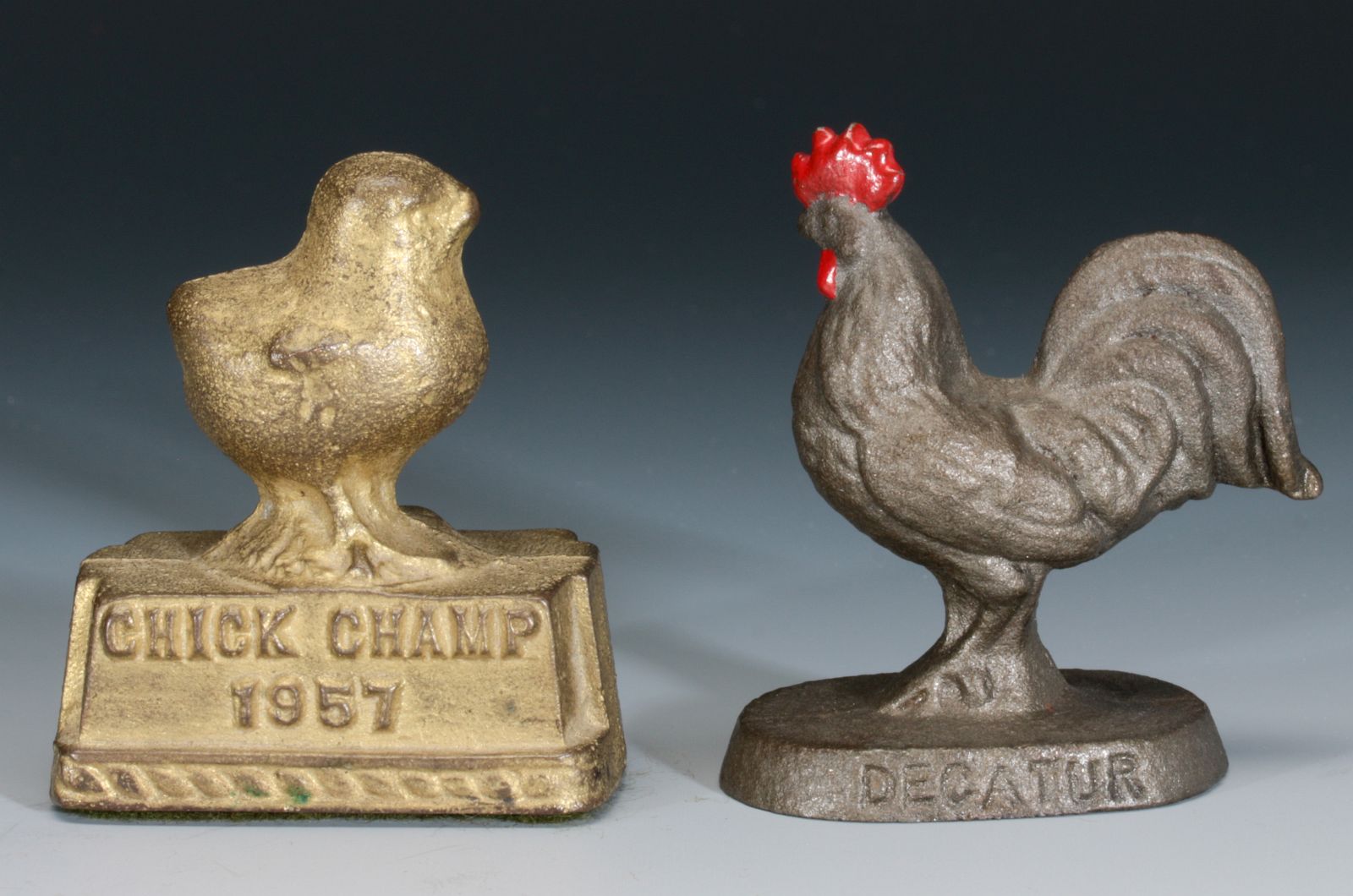 CHICK CHAMP AND DECATUR ROOSTER PAPERWEIGHTS